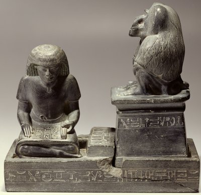 The royal scribe Nebmertuf writing under the protection of the Moon God Thoth by New Kingdom Egyptian